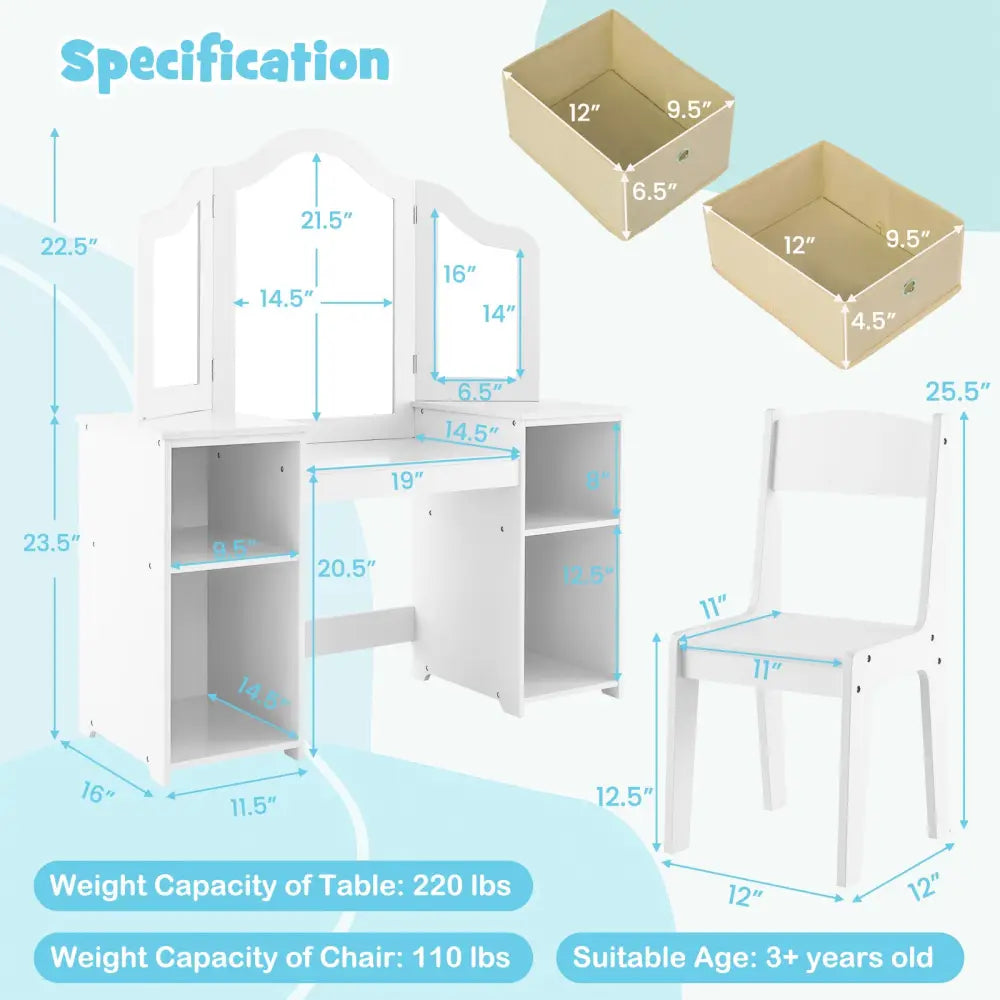 Kids Vanity Table and Chair Set with Removable Mirrors and 4 Storage Bins-White - White - Kids Vanities