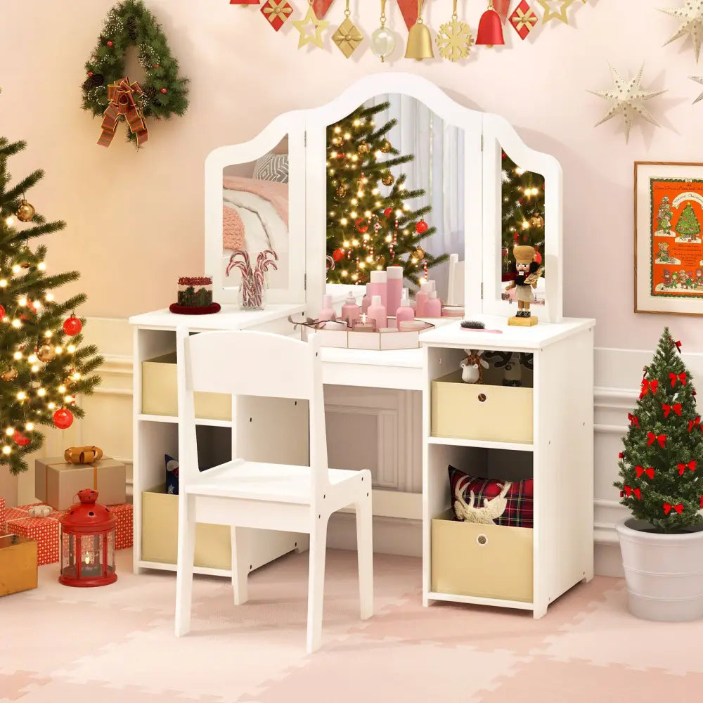 Kids Vanity Table and Chair Set with Removable Mirrors and 4 Storage Bins-White - White - Kids Vanities