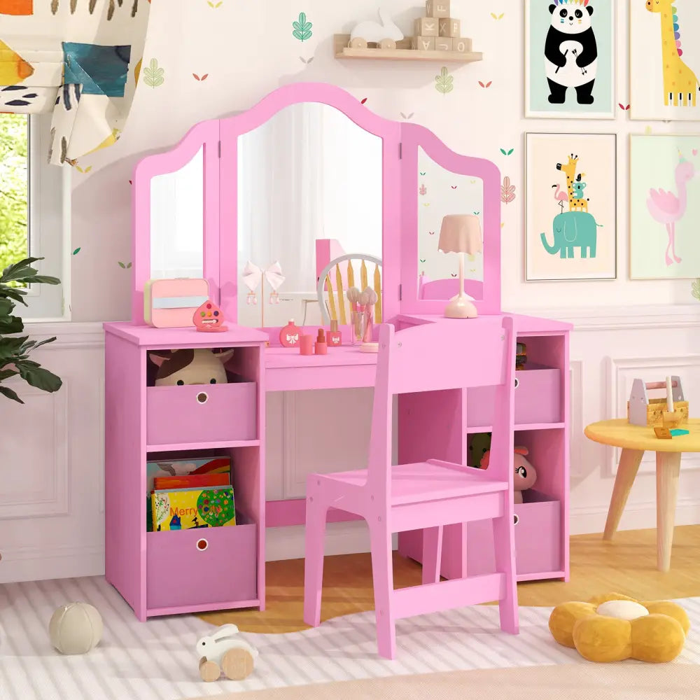 Kids Vanity Table and Chair Set with Removable Mirrors and 4 Storage Bins-Pink - Pink - Kids Vanities