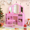 Kids Vanity Table and Chair Set with Removable Mirrors and 4 Storage Bins-Pink - Pink - Kids Vanities