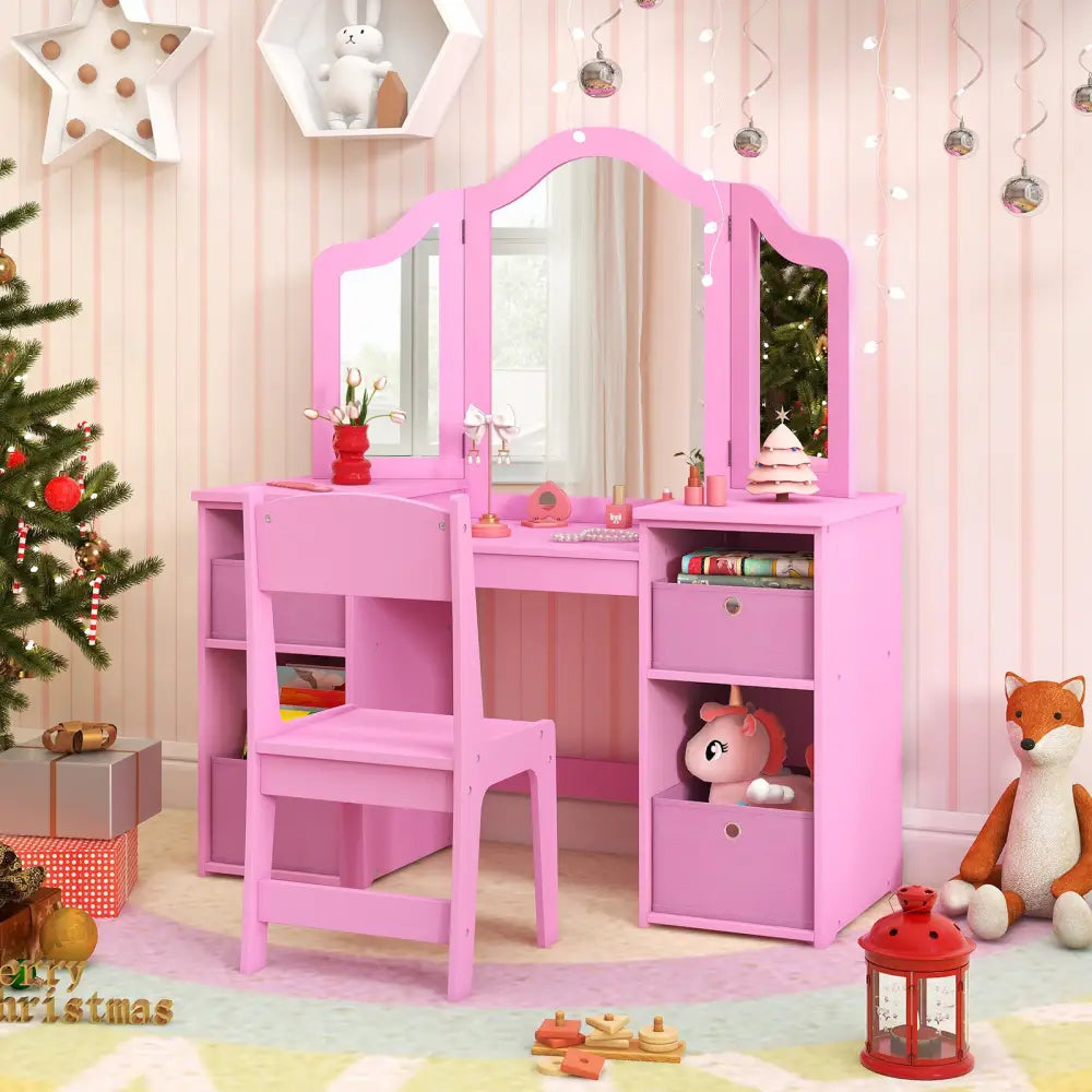 Kids Vanity Table and Chair Set with Removable Mirrors and 4 Storage Bins-Pink - Pink - Kids Vanities