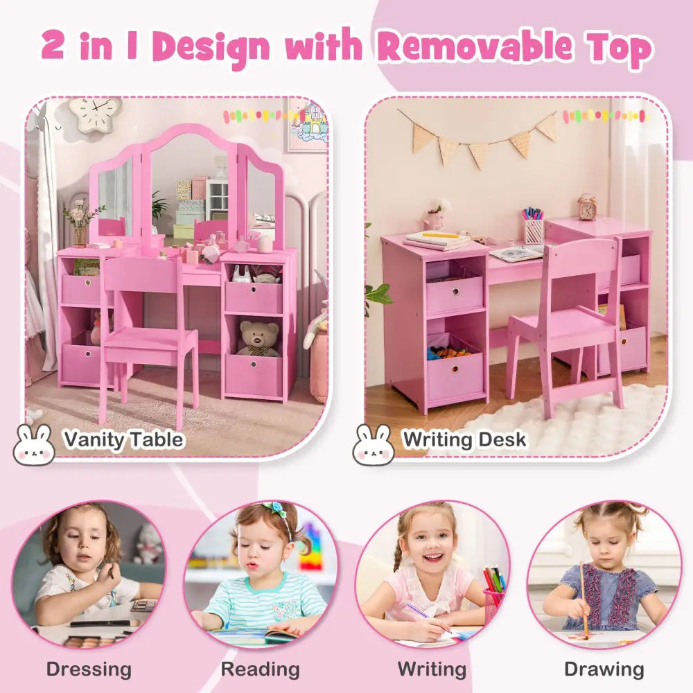 Kids Vanity Table and Chair Set with Removable Mirrors and 4 Storage Bins-Pink - Pink - Kids Vanities