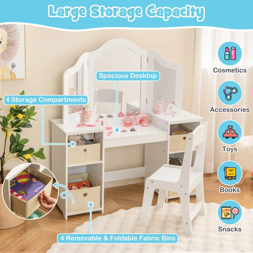 Kids Vanity Table and Chair Set with Removable Mirrors and 4 Storage Bins-White - White - Kids Vanities