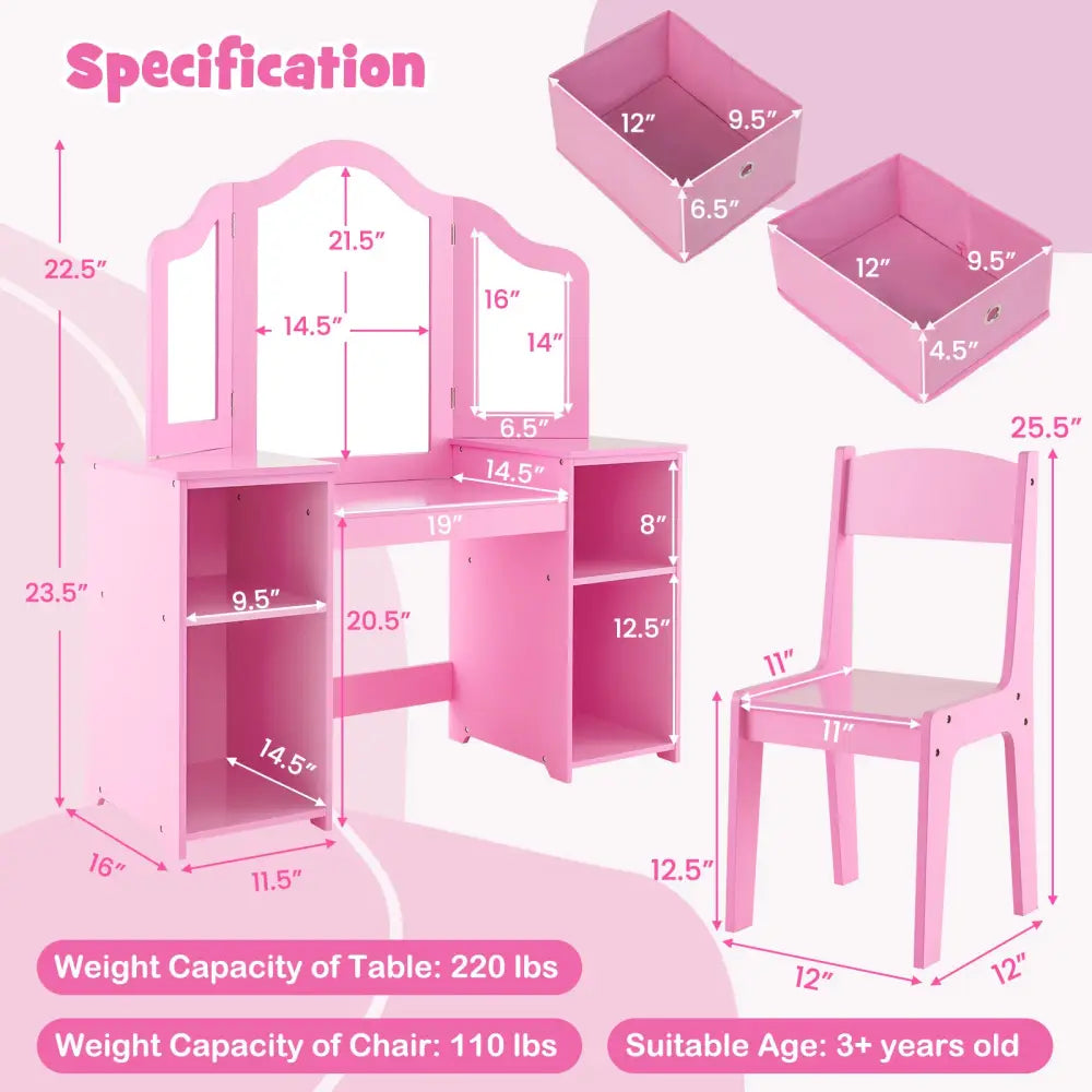 Kids Vanity Table and Chair Set with Removable Mirrors and 4 Storage Bins-Pink - Pink - Kids Vanities