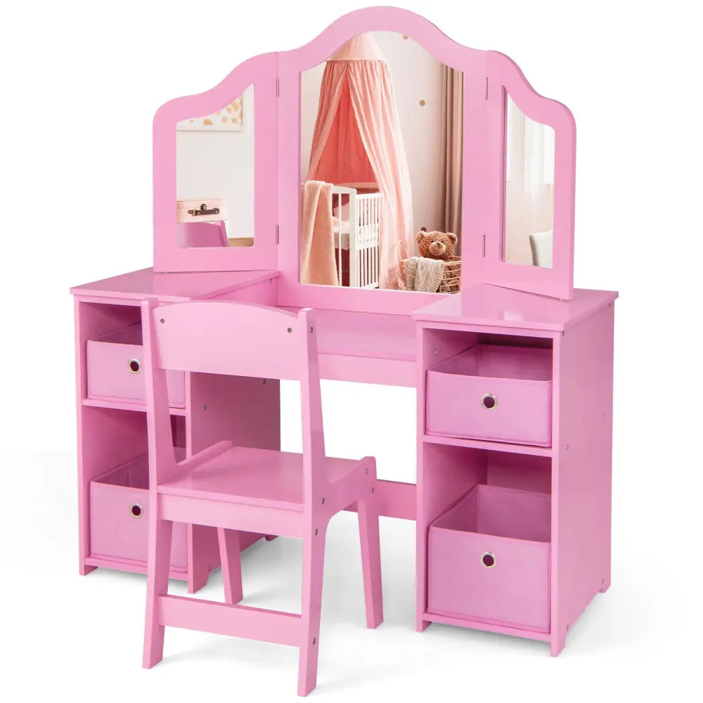 Kids Vanity Table and Chair Set with Removable Mirrors and 4 Storage Bins-Pink - Pink - Kids Vanities