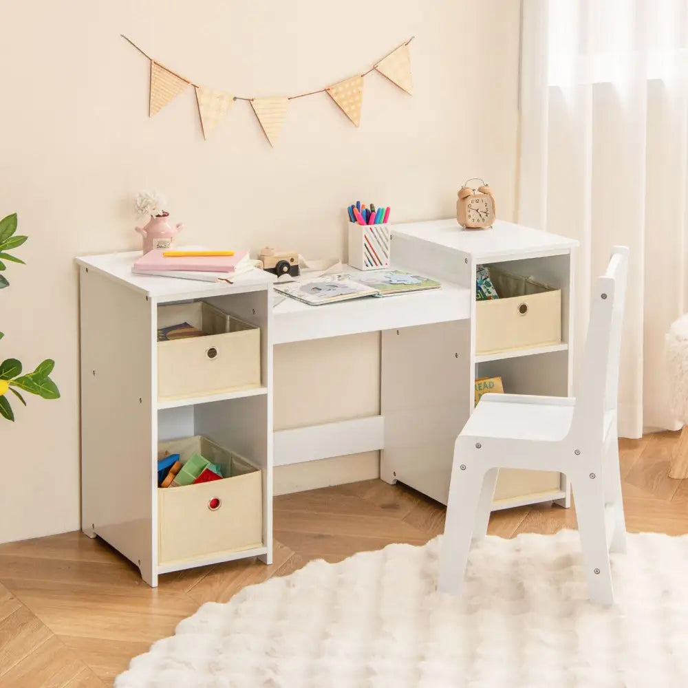 Kids Vanity Table and Chair Set with Removable Mirrors and 4 Storage Bins-White - White - Kids Vanities