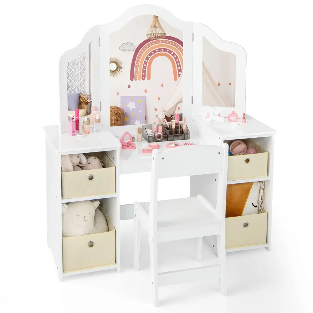 Kids Vanity Table and Chair Set with Removable Mirrors and 4 Storage Bins-White - White - Kids Vanities