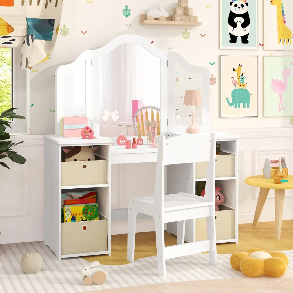 Kids Vanity Table and Chair Set with Removable Mirrors and 4 Storage Bins-White - White - Kids Vanities
