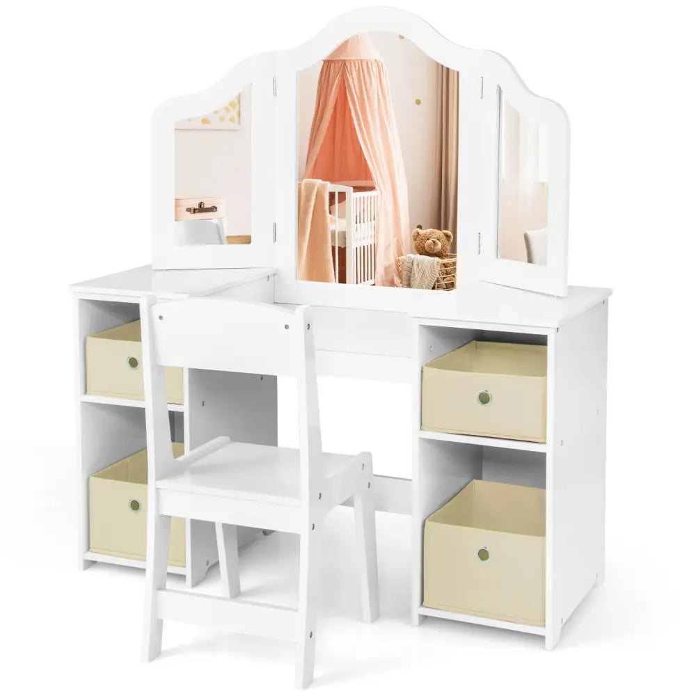 Kids Vanity Table and Chair Set with Removable Mirrors and 4 Storage Bins-White - White - Kids Vanities