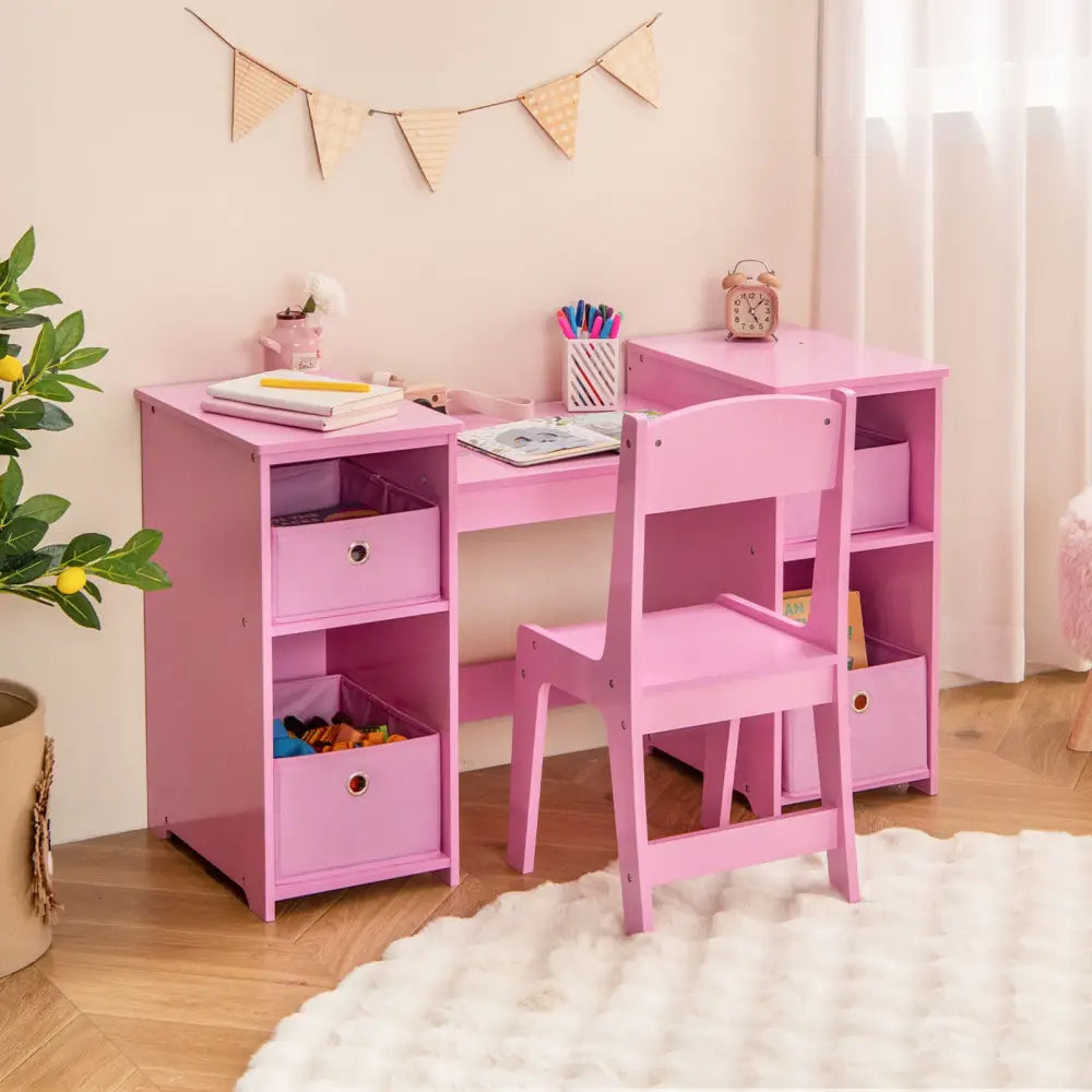 Kids Vanity Table and Chair Set with Removable Mirrors and 4 Storage Bins-Pink - Pink - Kids Vanities