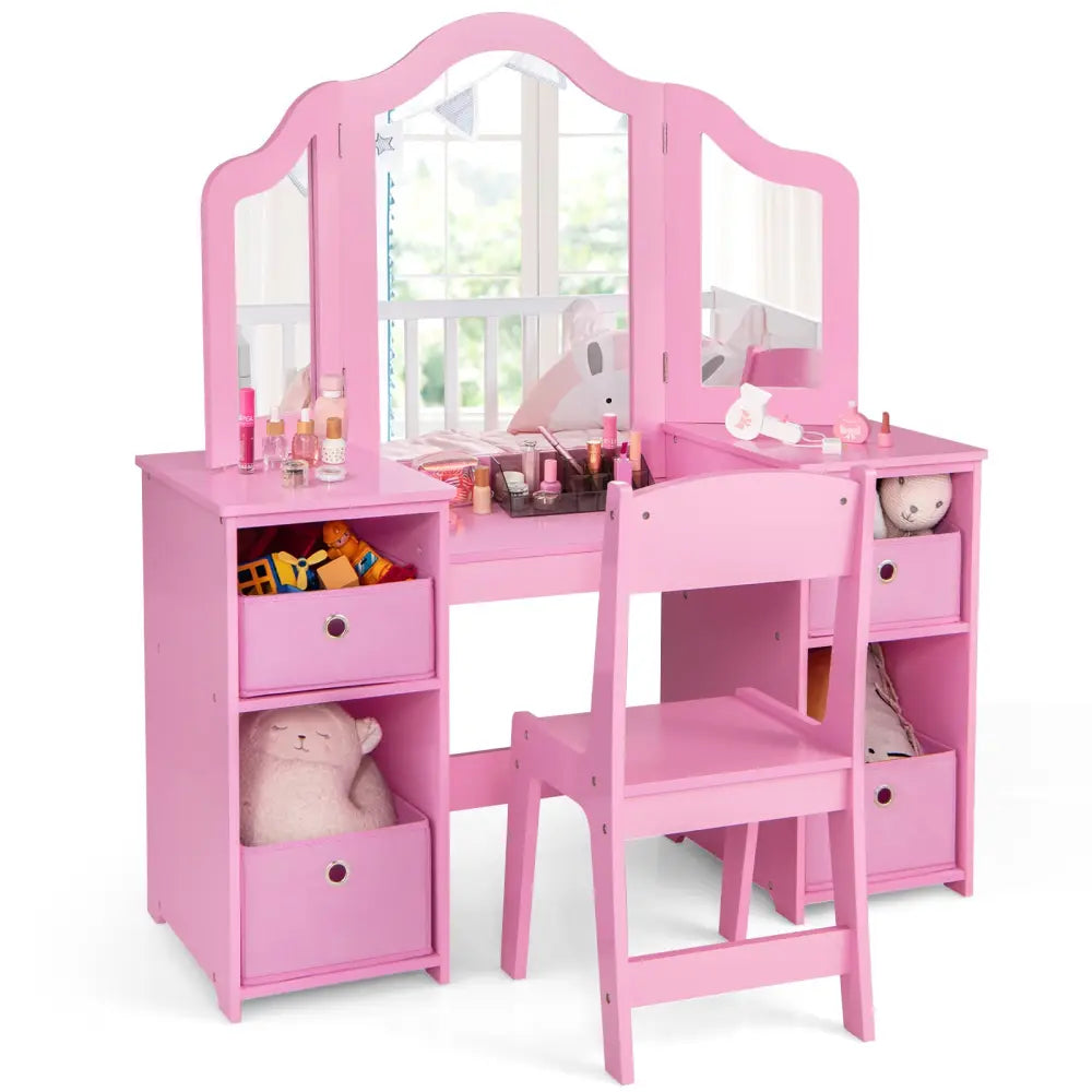 Kids Vanity Table and Chair Set with Removable Mirrors and 4 Storage Bins-Pink - Pink - Kids Vanities