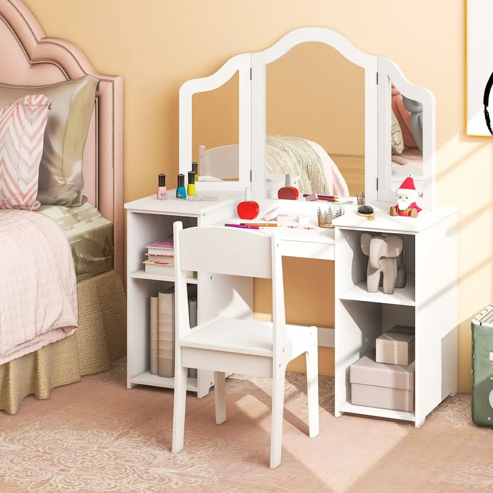 Kids Vanity Table and Chair Set with Removable Tri-Folding Mirror-White - White - Kids Vanities