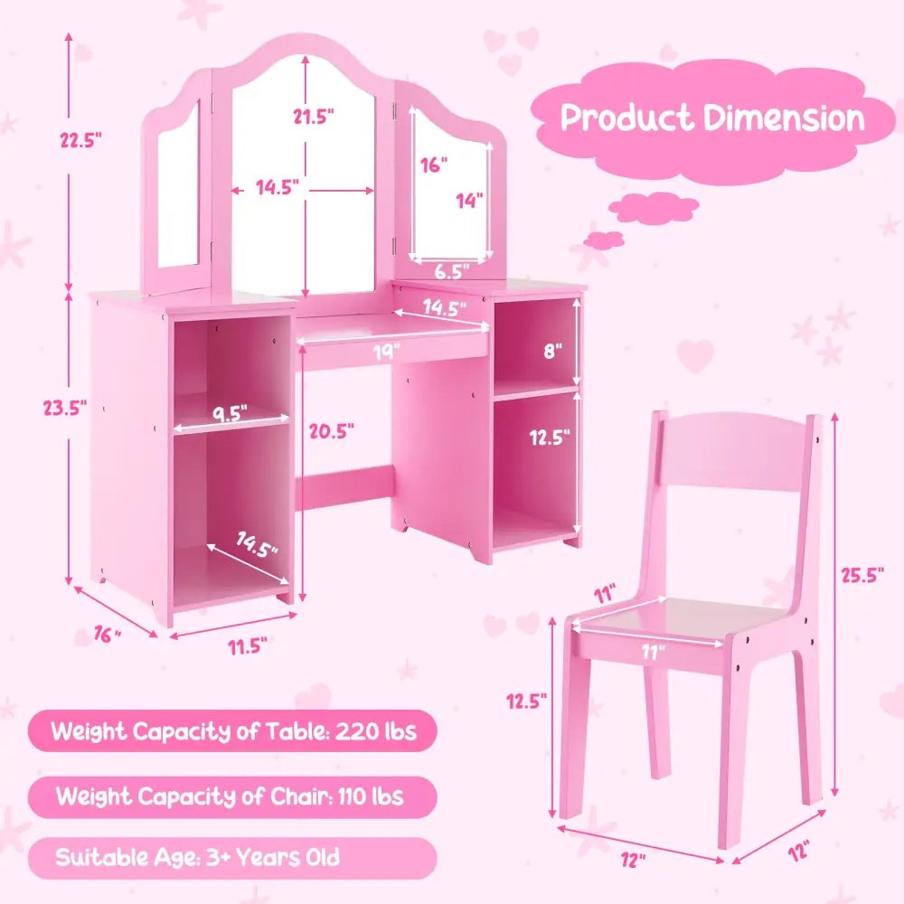 Kids Vanity Table and Chair Set with Removable Tri-Folding Mirror-Pink - Pink - Kids Vanities