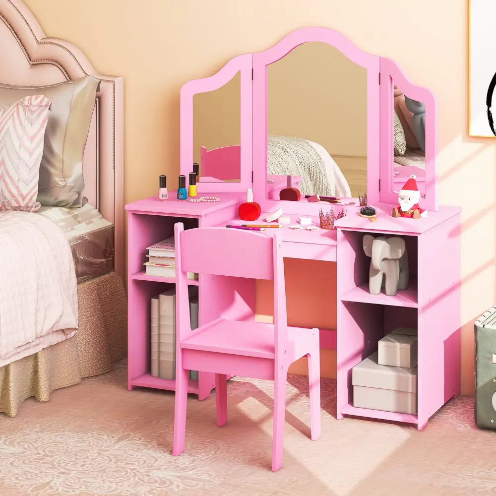 Kids Vanity Table and Chair Set with Removable Tri-Folding Mirror-Pink - Pink - Kids Vanities