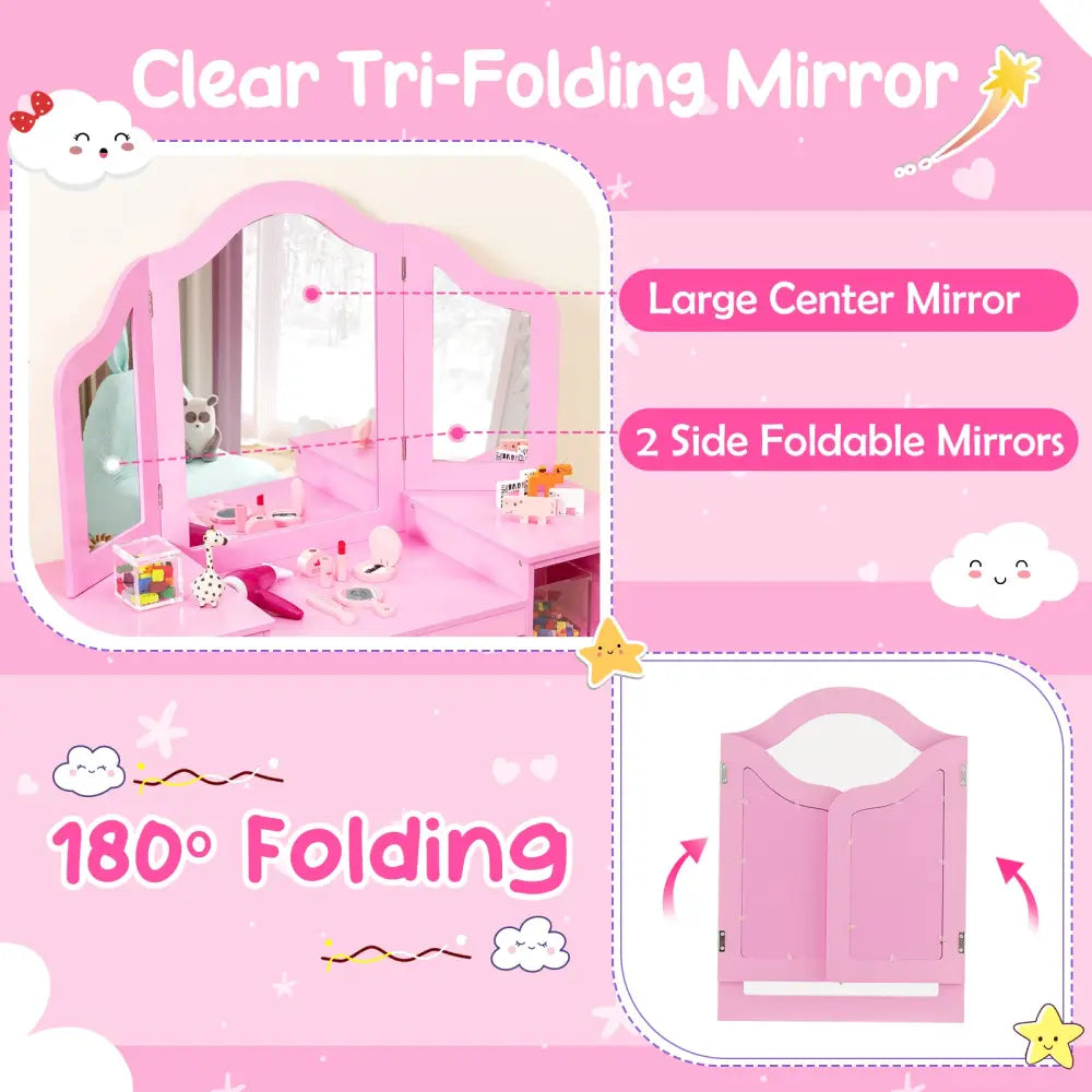 Kids Vanity Table and Chair Set with Removable Tri-Folding Mirror-Pink - Pink - Kids Vanities
