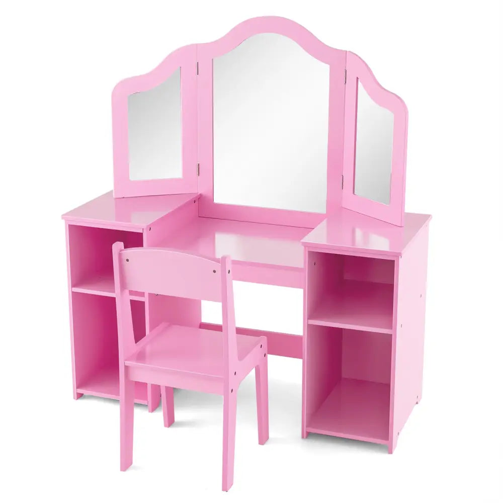 Kids Vanity Table and Chair Set with Removable Tri-Folding Mirror-Pink - Pink - Kids Vanities