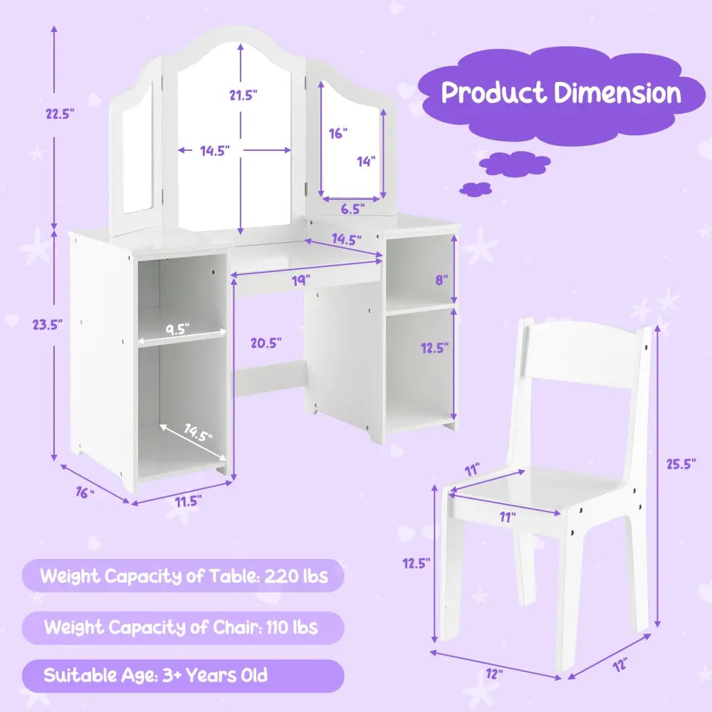 Kids Vanity Table and Chair Set with Removable Tri-Folding Mirror-White - White - Kids Vanities