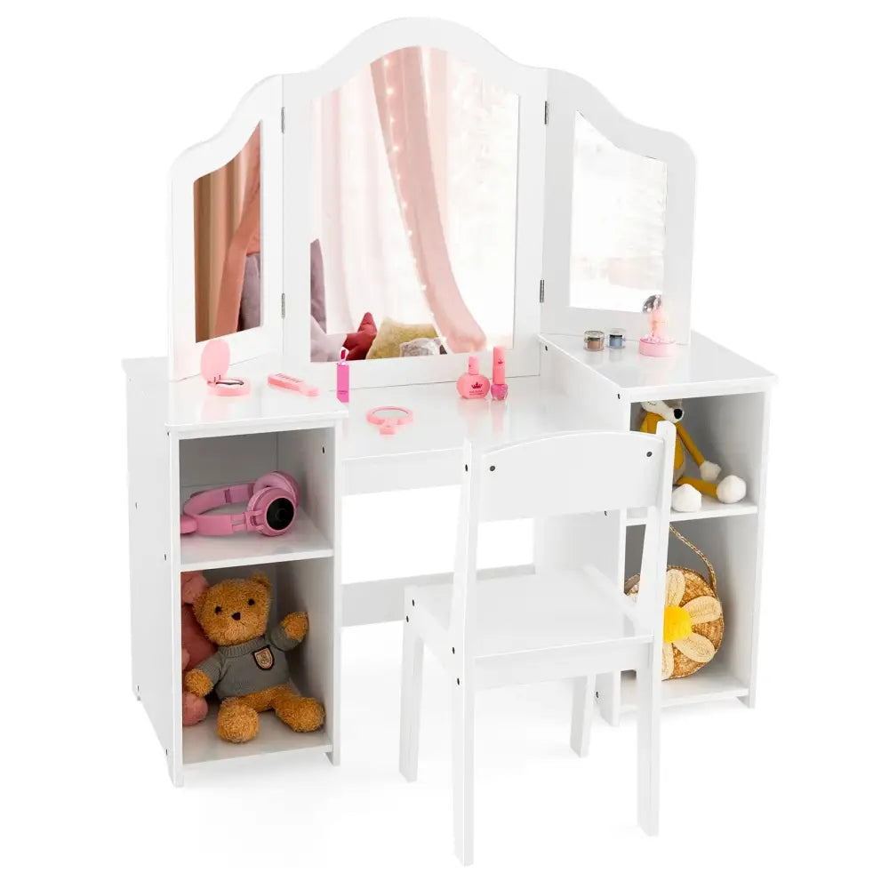 Kids Vanity Table and Chair Set with Removable Tri-Folding Mirror-White - White - Kids Vanities