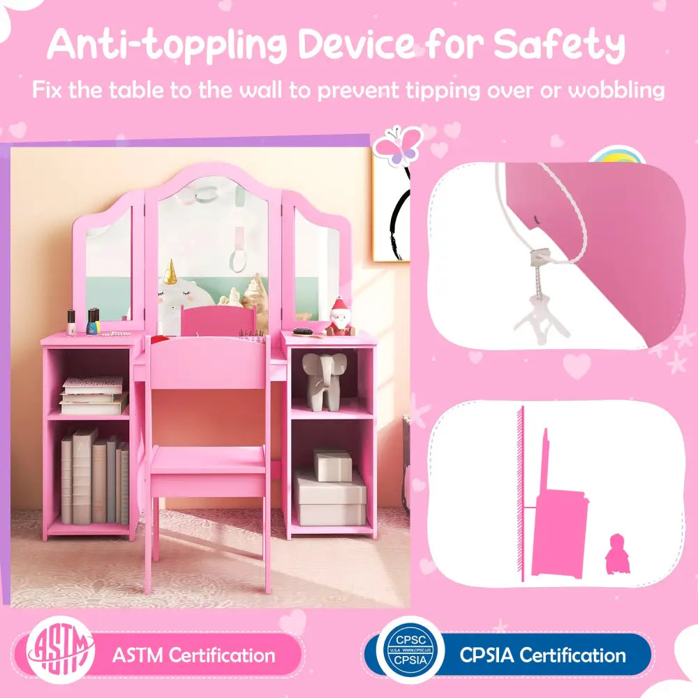 Kids Vanity Table and Chair Set with Removable Tri-Folding Mirror-Pink - Pink - Kids Vanities