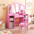 Kids Vanity Table and Chair Set with Removable Tri-Folding Mirror-Pink - Pink - Kids Vanities