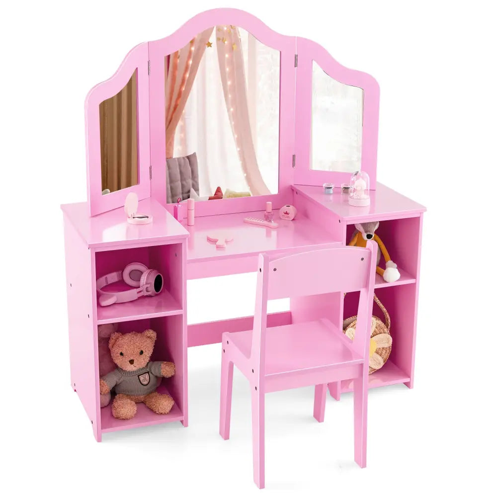 Kids Vanity Table and Chair Set with Removable Tri-Folding Mirror-Pink - Pink - Kids Vanities