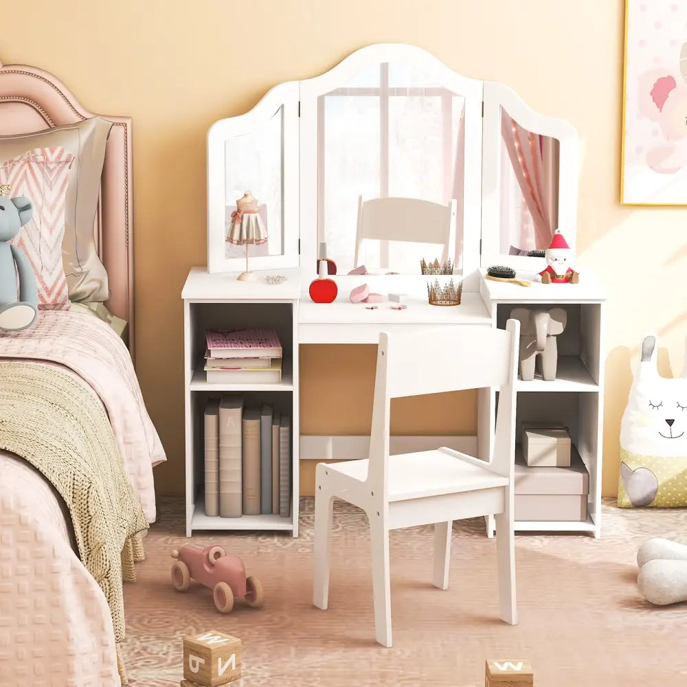 Kids Vanity Table and Chair Set with Removable Tri-Folding Mirror-White - White - Kids Vanities