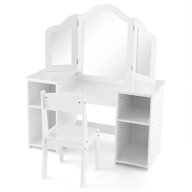 Kids Vanity Table and Chair Set with Removable Tri-Folding Mirror-White - White - Kids Vanities