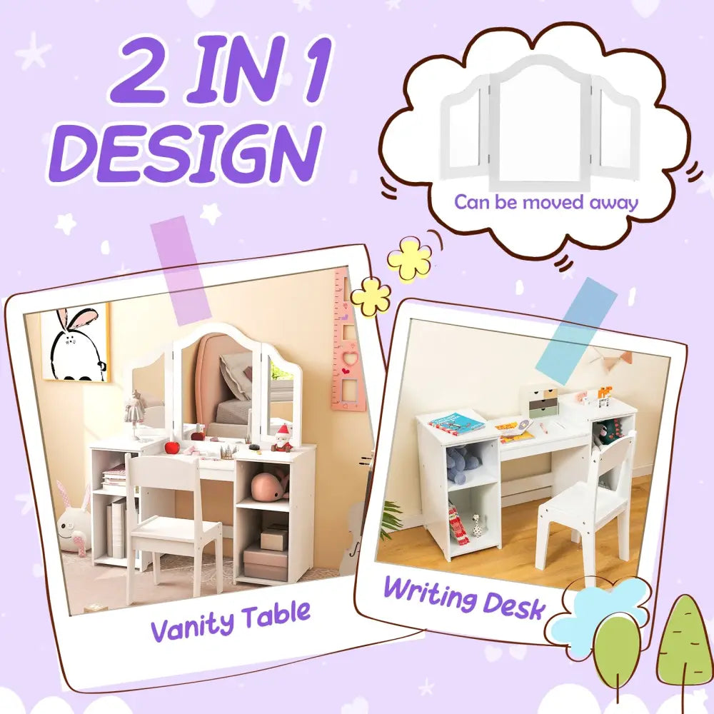 Kids Vanity Table and Chair Set with Removable Tri-Folding Mirror-White - White - Kids Vanities