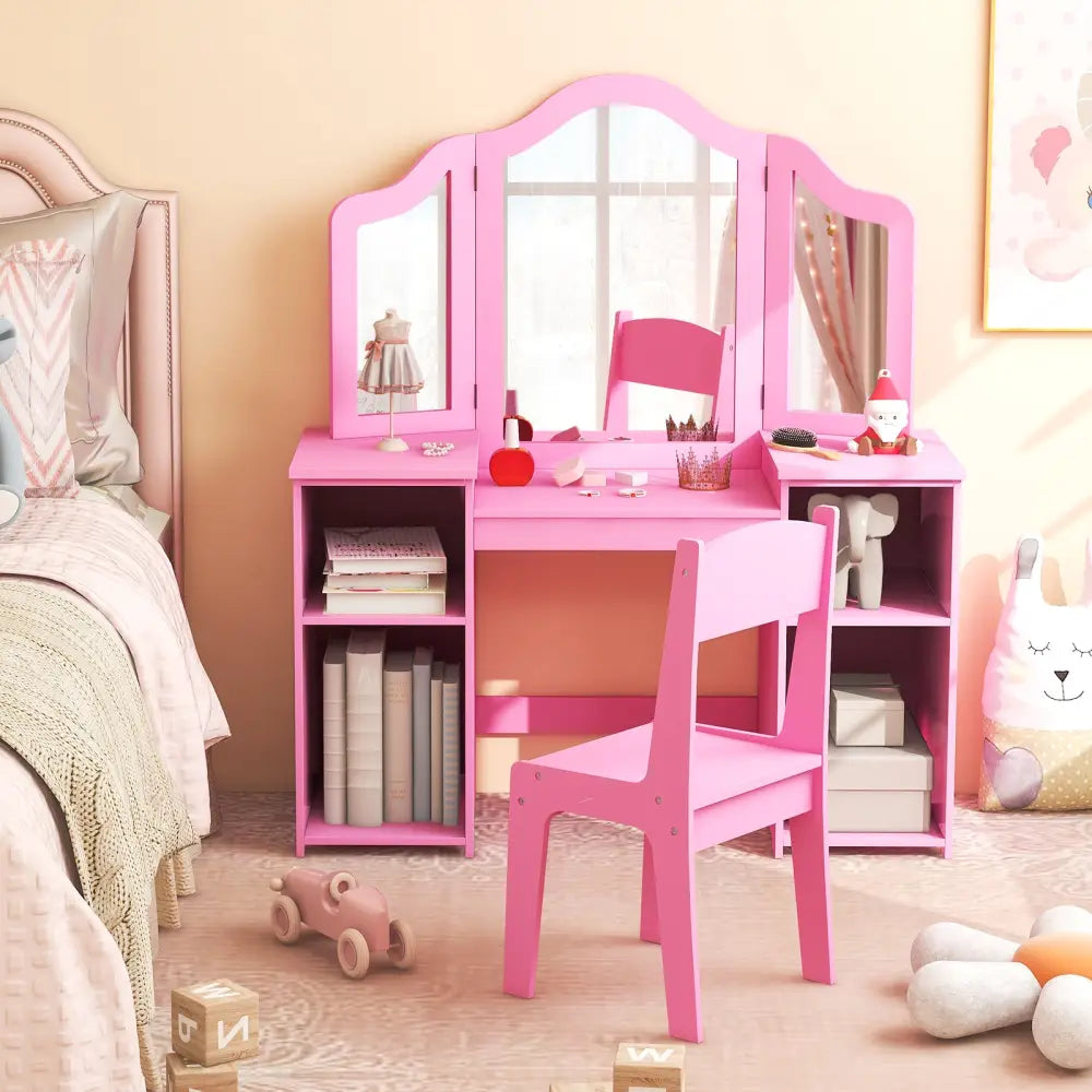 Kids Vanity Table and Chair Set with Removable Tri-Folding Mirror-Pink - Pink - Kids Vanities