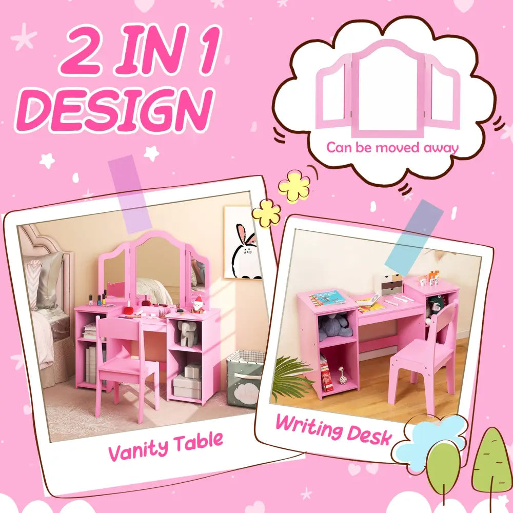 Kids Vanity Table and Chair Set with Removable Tri-Folding Mirror-Pink - Pink - Kids Vanities