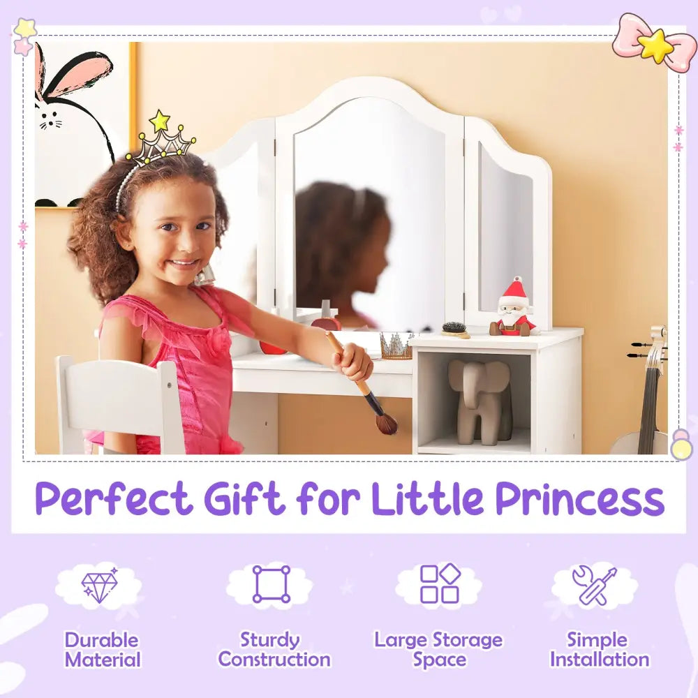 Kids Vanity Table and Chair Set with Removable Tri-Folding Mirror-White - White - Kids Vanities