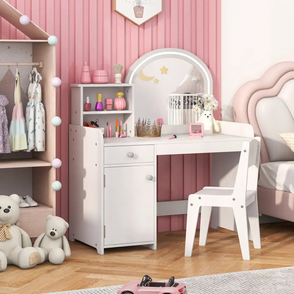 Kids Vanity Table and Chair Set with Shelves Drawer and Cabinet-White - White - Kids Vanities