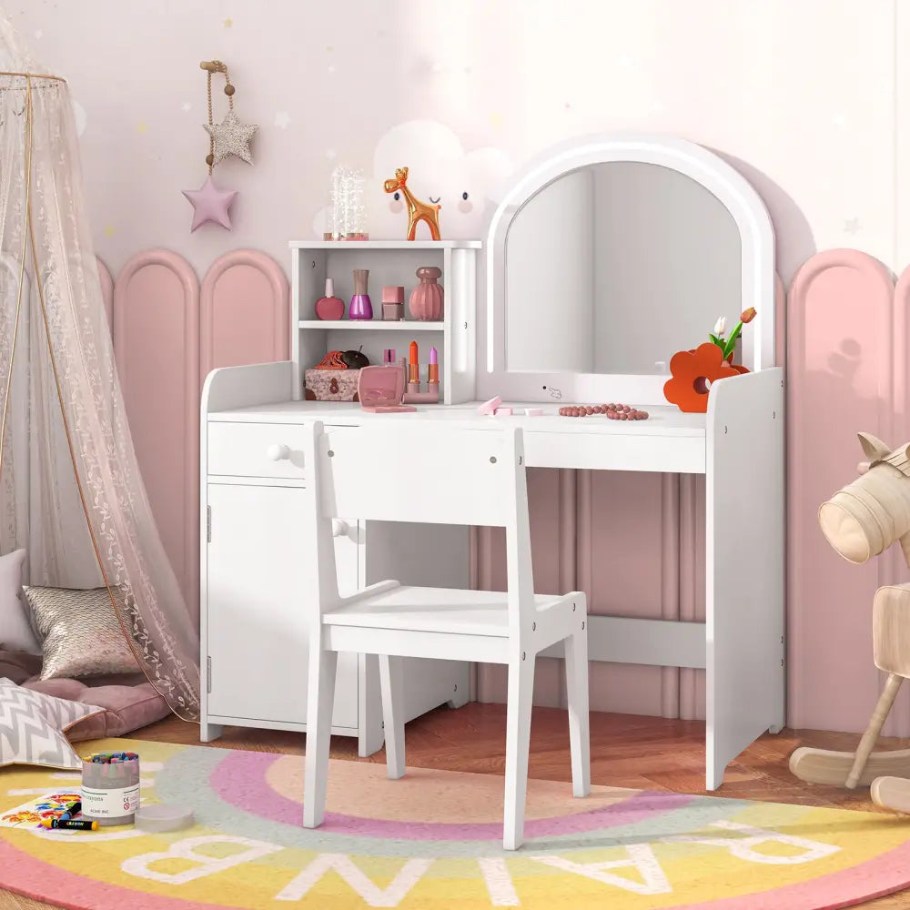 Kids Vanity Table and Chair Set with Shelves Drawer and Cabinet-White - White - Kids Vanities