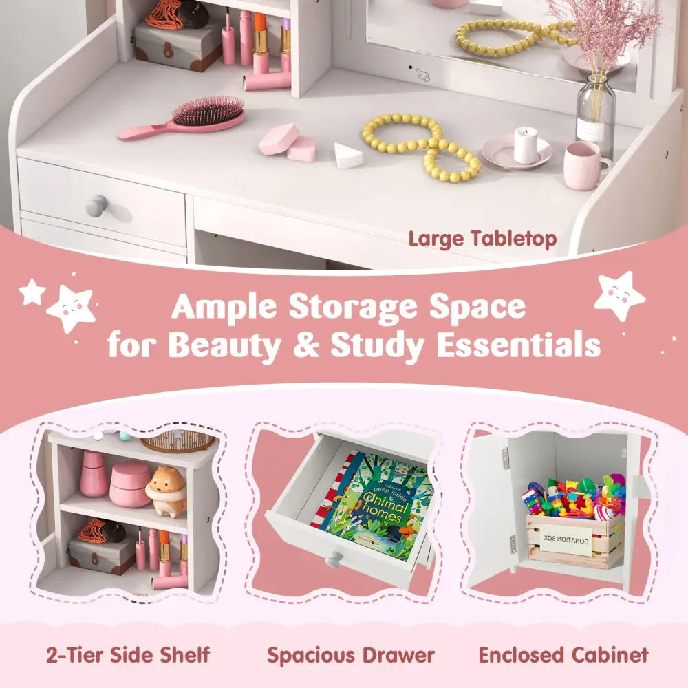 Kids Vanity Table and Chair Set with Shelves Drawer and Cabinet-White - White - Kids Vanities