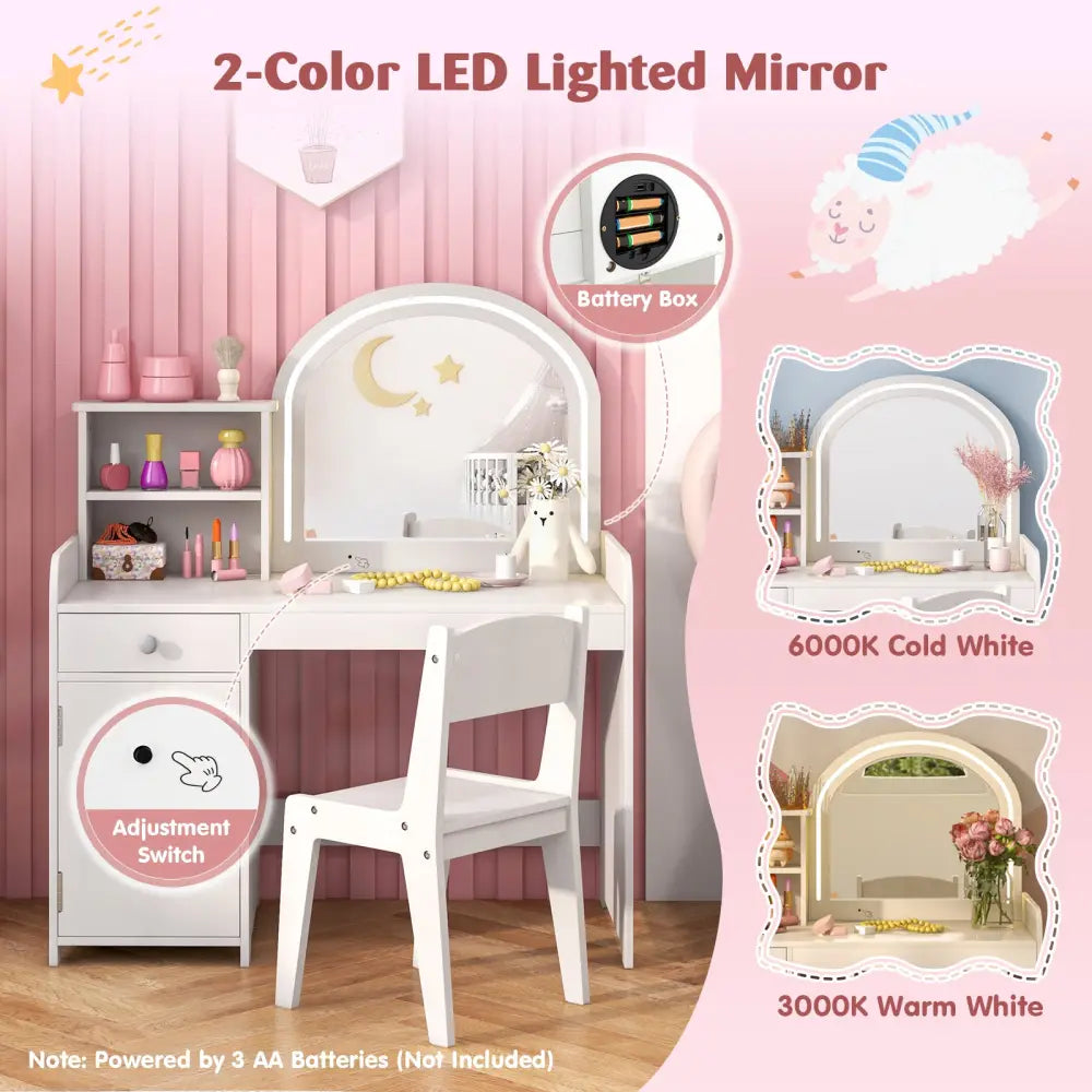 Kids Vanity Table and Chair Set with Shelves Drawer and Cabinet-White - White - Kids Vanities