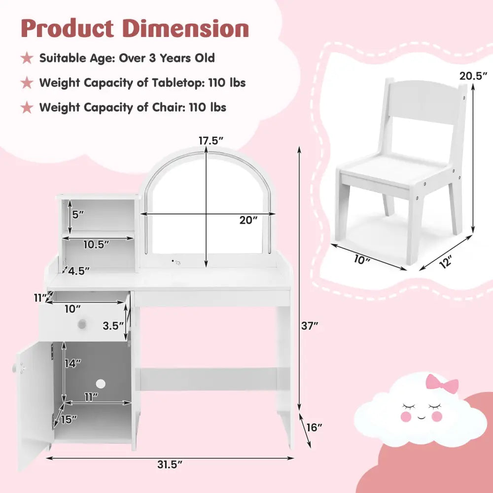 Kids Vanity Table and Chair Set with Shelves Drawer and Cabinet-White - White - Kids Vanities