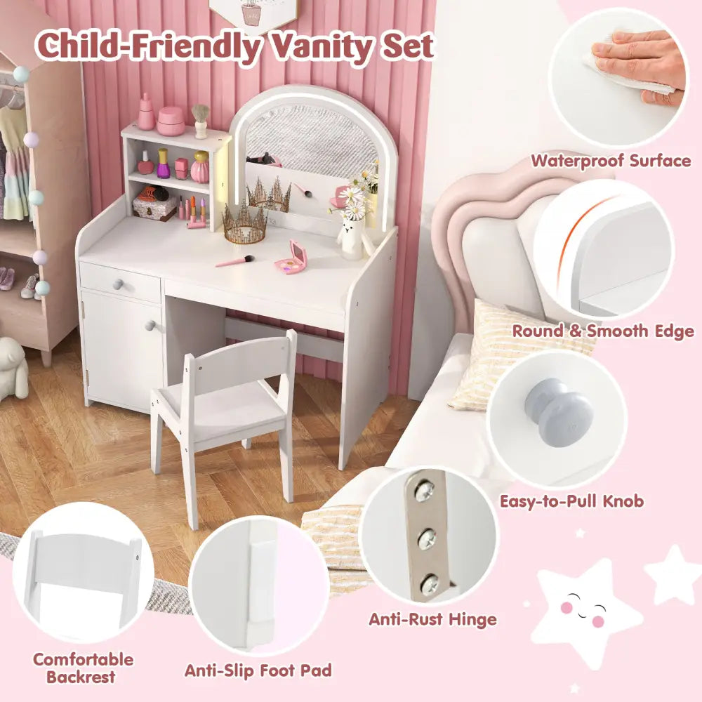 Kids Vanity Table and Chair Set with Shelves Drawer and Cabinet-White - White - Kids Vanities