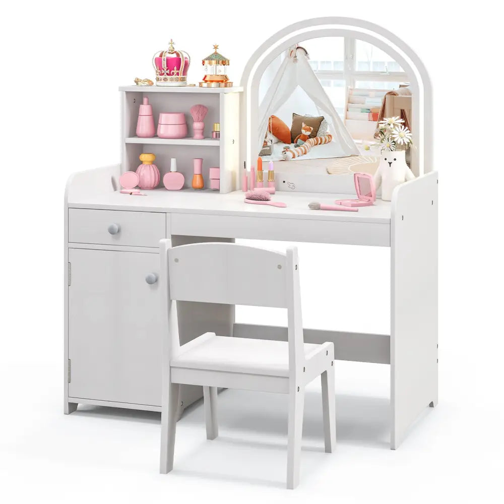 Kids Vanity Table and Chair Set with Shelves Drawer and Cabinet-White - White - Kids Vanities