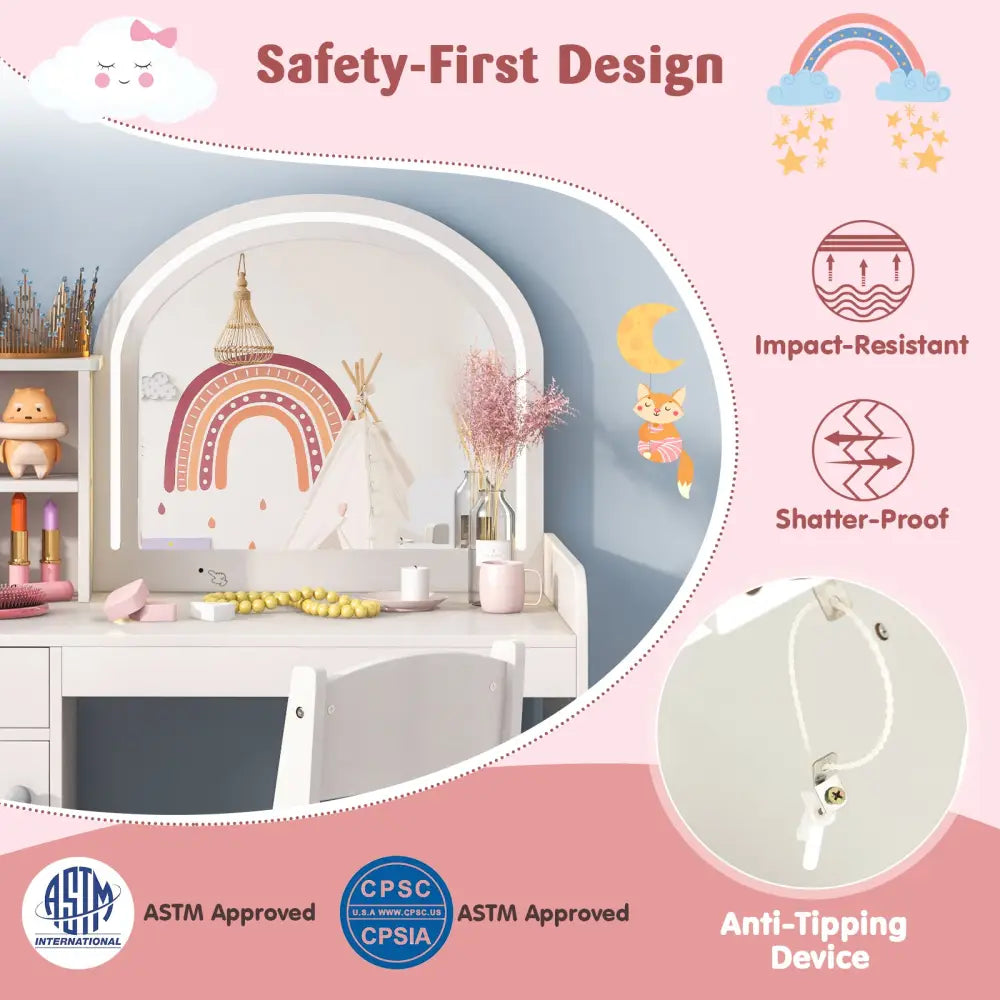 Kids Vanity Table and Chair Set with Shelves Drawer and Cabinet-White - White - Kids Vanities