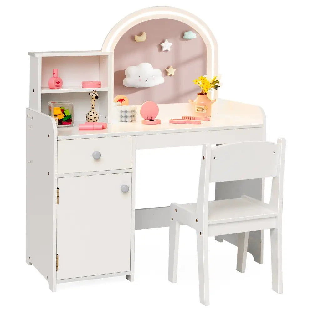 Kids Vanity Table and Chair Set with Shelves Drawer and Cabinet-White - White - Kids Vanities