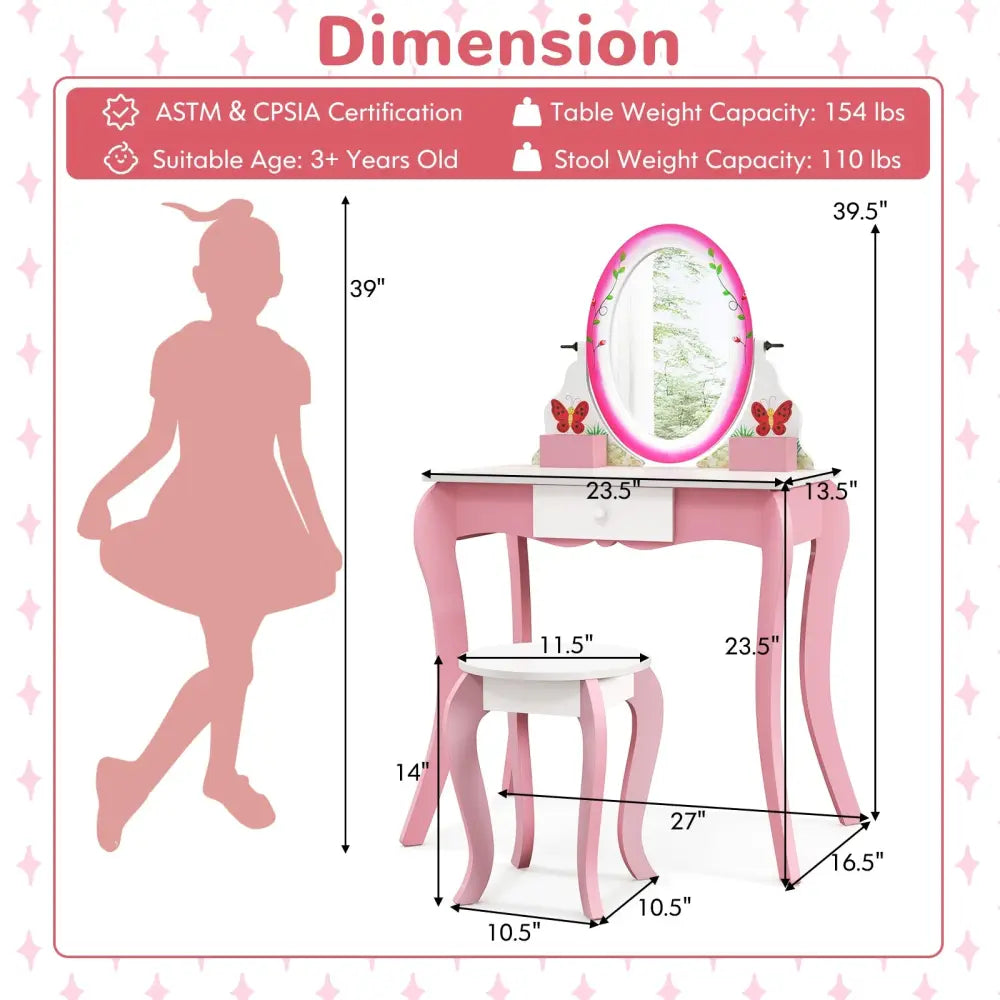 Kids Vanity Table and Stool Set with 360° Rotating Mirror and Whiteboard-Pink - Pink - Kids Vanities
