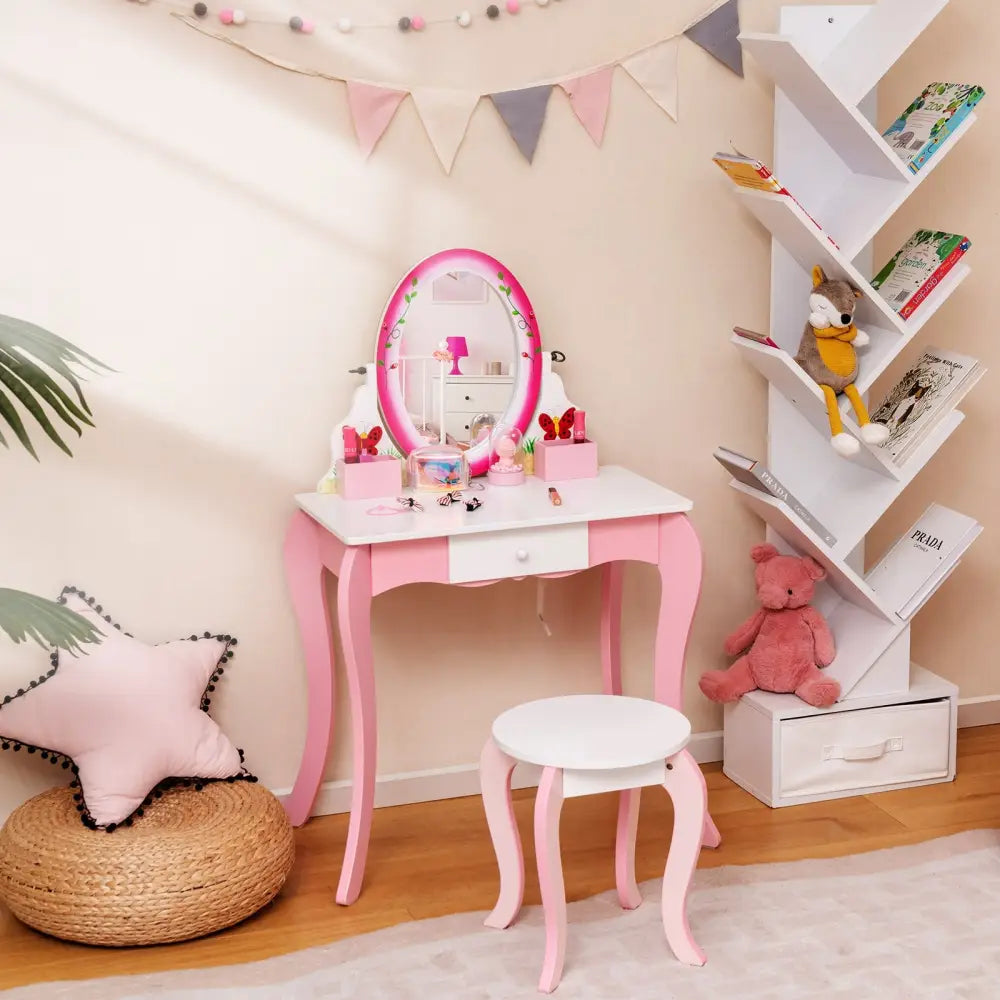 Kids Vanity Table and Stool Set with 360° Rotating Mirror and Whiteboard-Pink - Pink - Kids Vanities