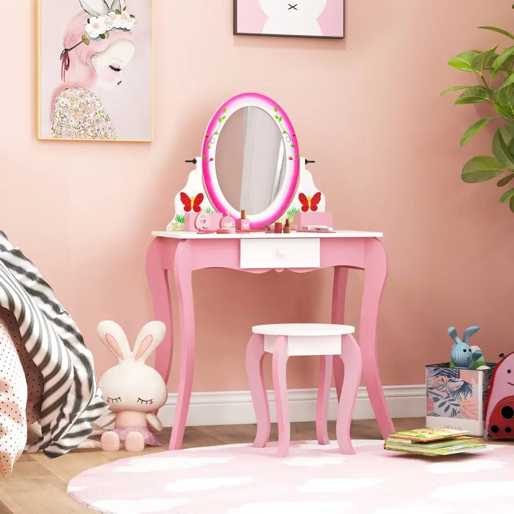Kids Vanity Table and Stool Set with 360° Rotating Mirror and Whiteboard-Pink - Pink - Kids Vanities