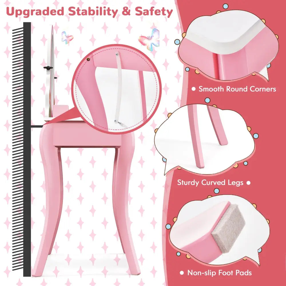 Kids Vanity Table and Stool Set with 360° Rotating Mirror and Whiteboard-Pink - Pink - Kids Vanities