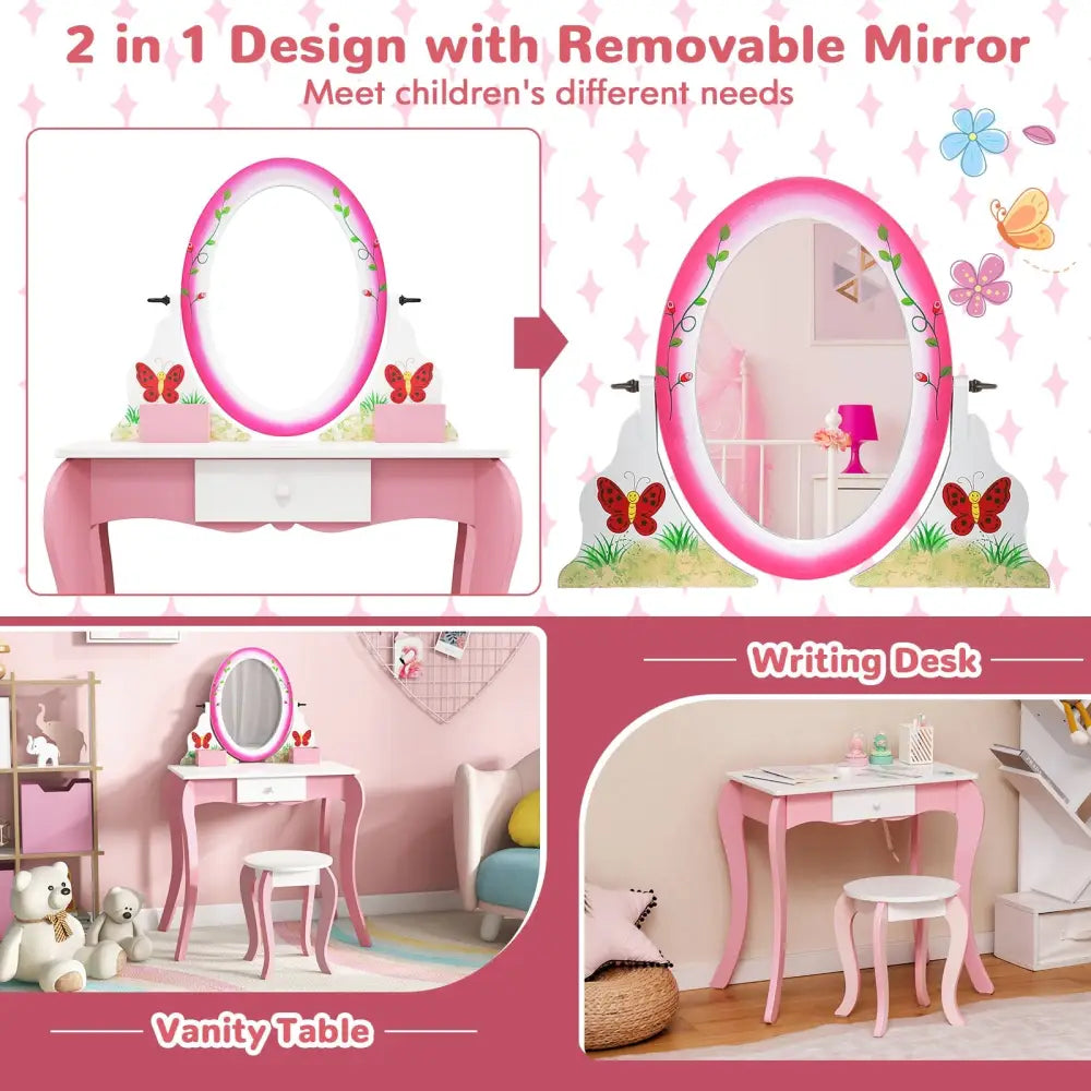 Kids Vanity Table and Stool Set with 360° Rotating Mirror and Whiteboard-Pink - Pink - Kids Vanities