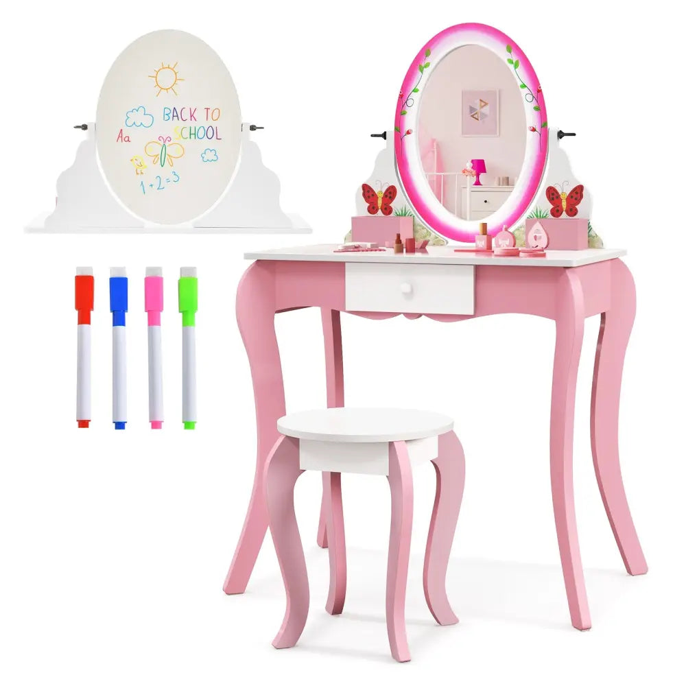 Kids Vanity Table and Stool Set with 360° Rotating Mirror and Whiteboard-Pink - Pink - Kids Vanities