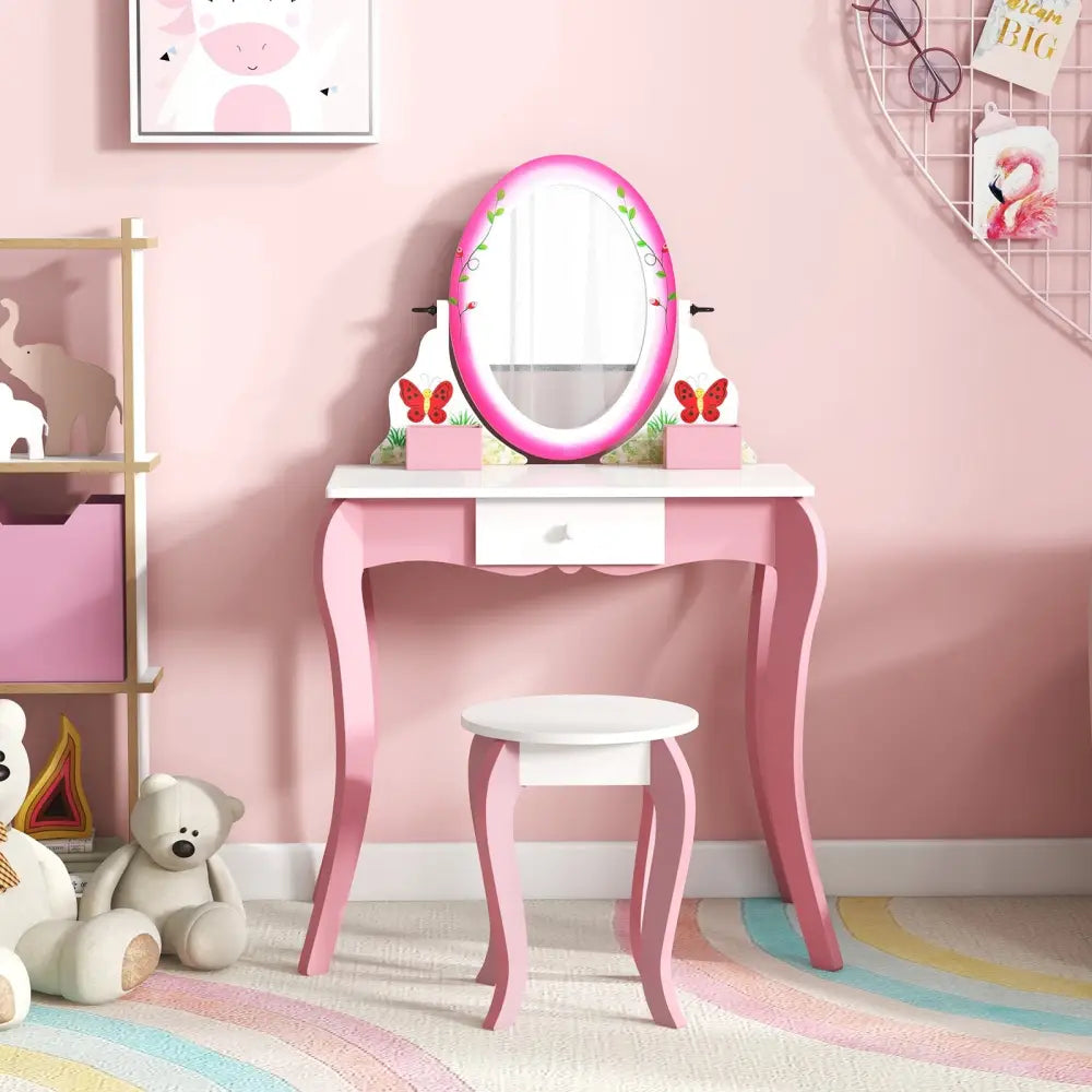 Kids Vanity Table and Stool Set with 360° Rotating Mirror and Whiteboard-Pink - Pink - Kids Vanities