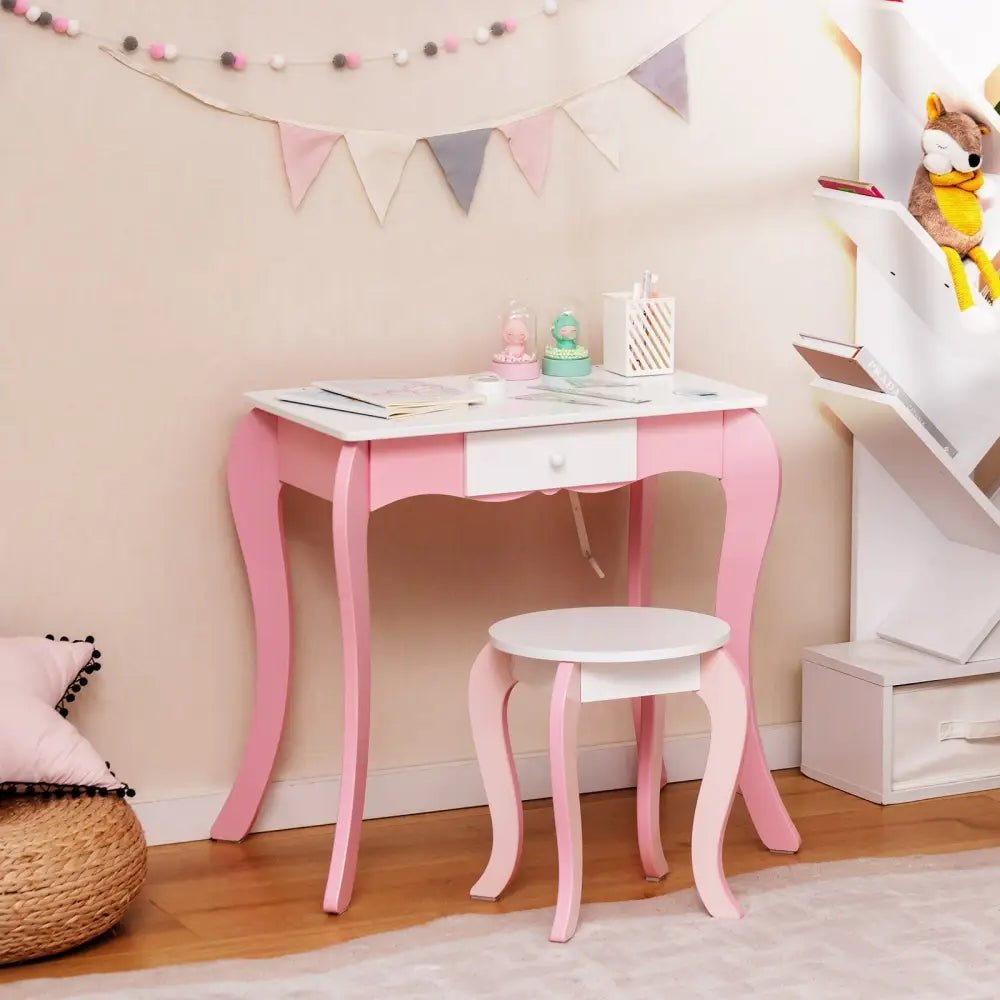 Kids Vanity Table and Stool Set with 360° Rotating Mirror and Whiteboard-Pink - Pink - Kids Vanities