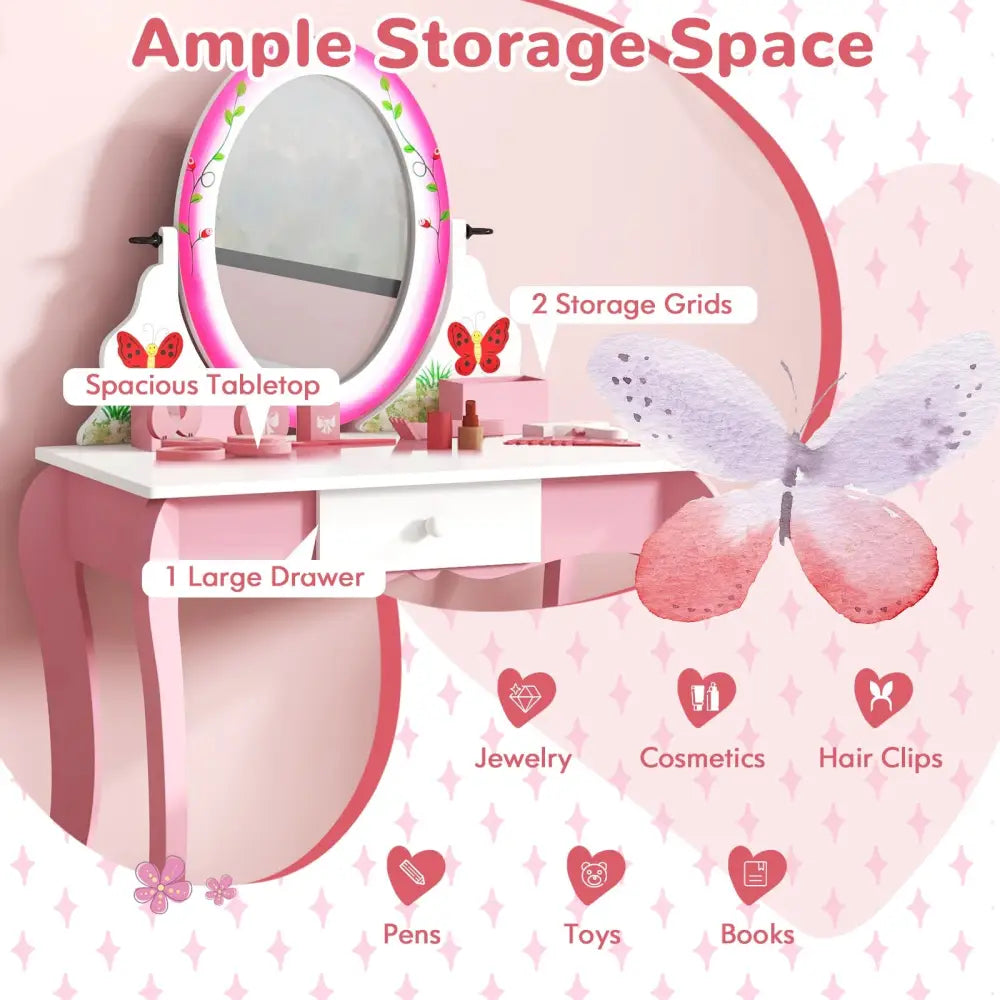 Kids Vanity Table and Stool Set with 360° Rotating Mirror and Whiteboard-Pink - Pink - Kids Vanities