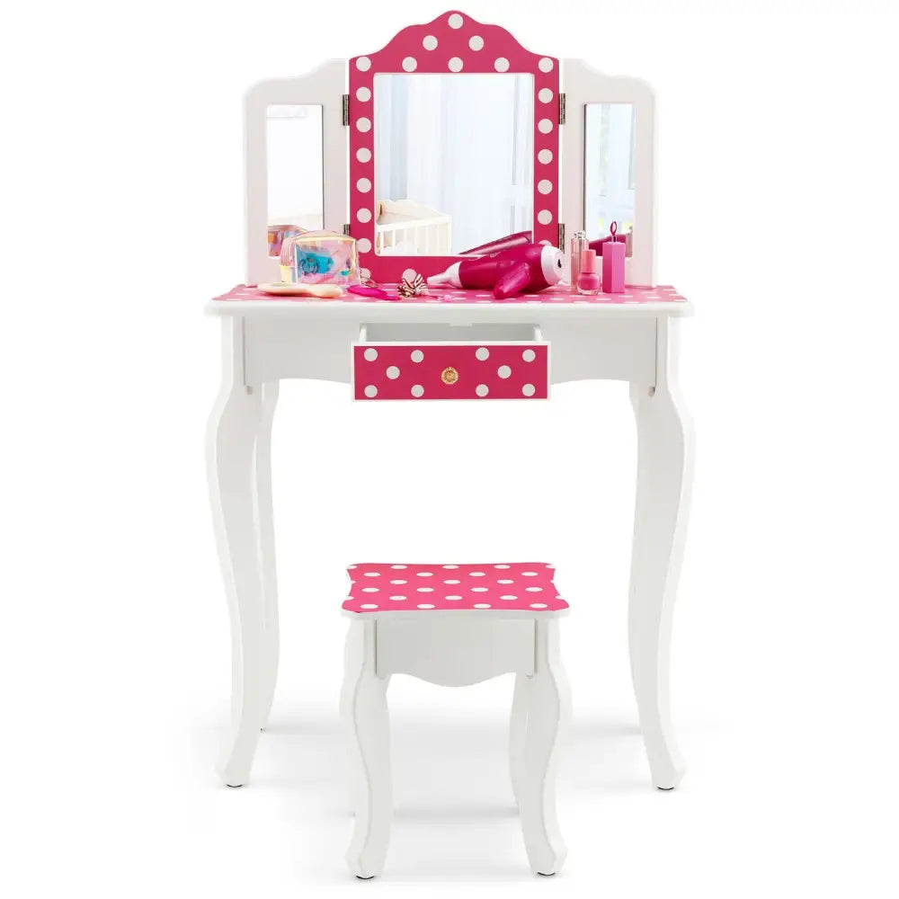 Kids Vanity Table and Stool Set with Cute Polka Dot Print-Pink - Pink - Kids Vanities